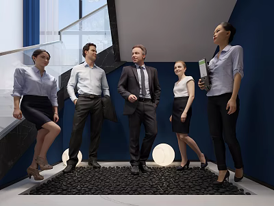 Business Professionals Standing in Modern Interior With Blue Walls Staircase Round Lights and Pebble Floor 3d model