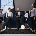Business Professionals Standing in Modern Interior With Blue Walls Staircase Round Lights and Pebble Floor
