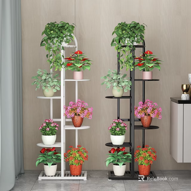 Multi Tiered Garden Plant Stands White Black With Green Flowering Plants 3d model 
