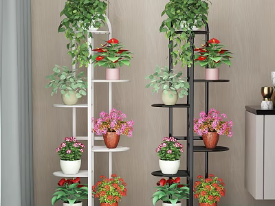 Multi Tiered Garden Plant Stands White Black With Green Flowering Plants 3d model