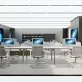 Modern Office Interior Design With Green Sofa White Chairs And Large TV Screen