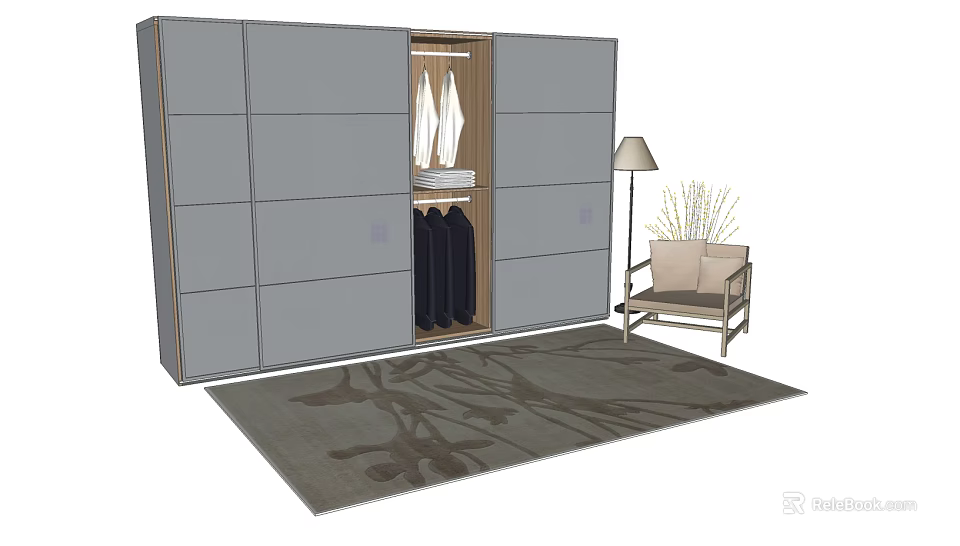 Modern Wardrobe With Gray Doors Open Showing Clothes And Adjacent Chair Floor Lamp Rug 3d model 