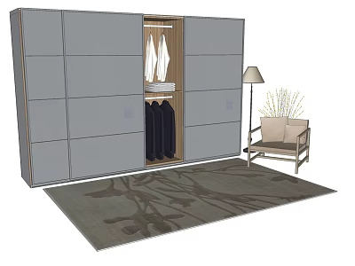 Modern Wardrobe With Gray Doors Open Showing Clothes And Adjacent Chair Floor Lamp Rug 3d model