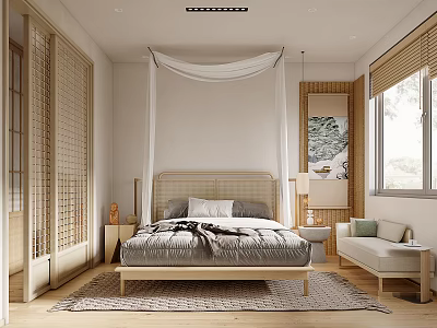 Natural Bedroom Interior Design With Bamboo Doors White Canopy Bed Gray Bedding And Wooden Headboard 3d model