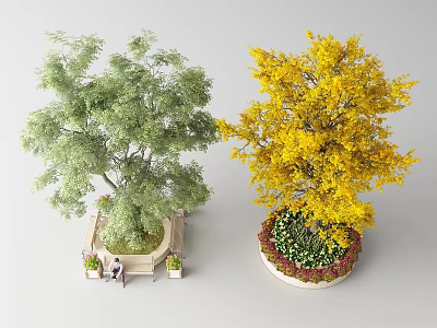 Decorative Tree Planter with Green and Yellow Leaf Trees and Surrounding Flower Beds 3d model