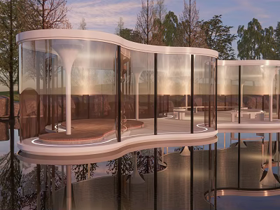 Modern Wavy Pergola with Glass Curtain Walls Over Water Wooden Platform and Water Reflections 3d model