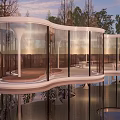 Modern Wavy Pergola with Glass Curtain Walls Over Water Wooden Platform and Water Reflections
