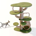 Tree Shaped Cat Tree With Multiple Green Platforms Different Levels And Cat Nearby 3d model