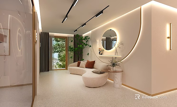 Modern Luxury Beauty Salon Interior With Sofa Round Mirror Green Plants And Soft Lighting 3d model 