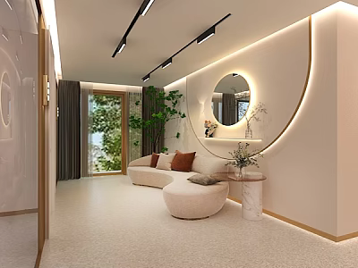 Modern Luxury Beauty Salon Interior With Sofa Round Mirror Green Plants And Soft Lighting 3d model
