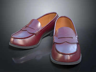 Classic Burgundy Leather Loafers Shoes With Black Soles And Orange Linings 3d model