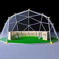 Geometric Pergola Design with Blue Frame Yellow Nodes Green Ground and White Circular Elements