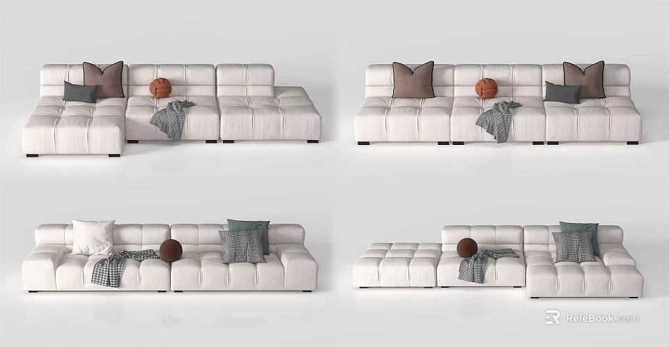 White Modular Sectional Sofa With Decorative Pillows Throw Blanket And Multiple Configurations 3d model
