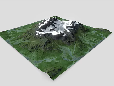 Natural Garden Landscape With Green Terrain Snow Capped Mountain And Flowing River 3d model