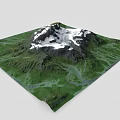 Natural Garden Landscape With Green Terrain Snow Capped Mountain And Flowing River