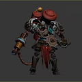 Biomechanical Character With Red Top Structures Holding Gear Weapon And Decorative Armor