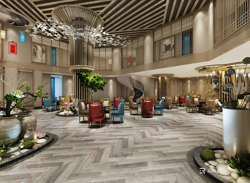 Luxurious Modern Leisure Area Interior With Chandelier Colorful Seating And Green Plants 3d model 