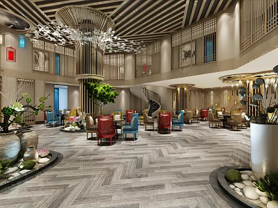 Luxurious Modern Leisure Area Interior With Chandelier Colorful Seating And Green Plants 3d model