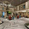 Luxurious Modern Leisure Area Interior With Chandelier Colorful Seating And Green Plants
