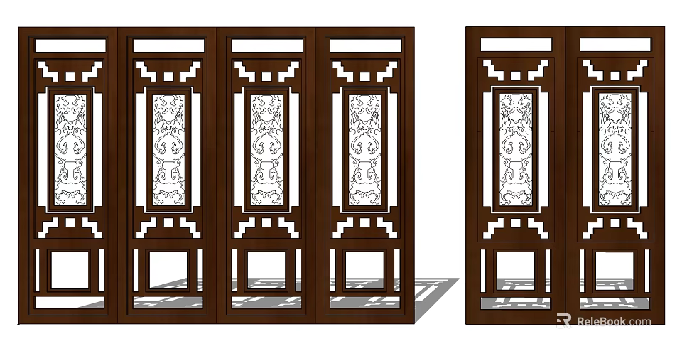 Traditional Chinese Wooden Screen Components With Carved Patterns And Symmetrical Panels 3d model