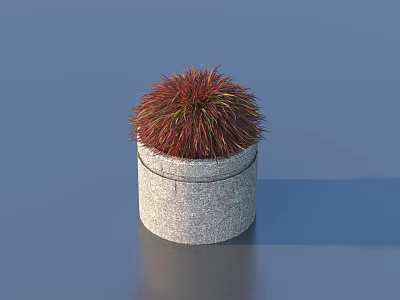 Decorative Garden Ornament Featuring Grey Stone Cylindrical Pot And Red Green Grass 3d model