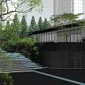 Modern Garden Landscape With High Rise Buildings Green Lawns Red Leaf Trees And Pedestrian Paths
