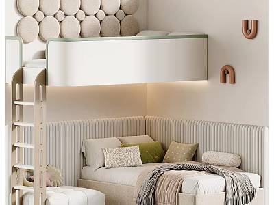 Modern Bunk Bed With Ladder Upholstered Lower Bed And Circular Wall Decor 3d model