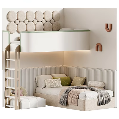 Modern Bunk Bed With Ladder Upholstered Lower Bed And Circular Wall Decor 3d model