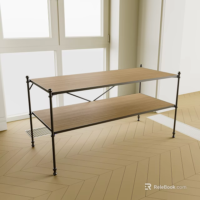 Two Tier Wooden Shelving Unit With Black Metal Frame In Room With Window And Light Wooden Floor 3d model 