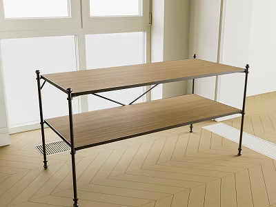 Two Tier Wooden Shelving Unit With Black Metal Frame In Room With Window And Light Wooden Floor 3d model