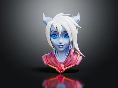 3D White Haired Blue Skinned Elf Character With Pointed Ears Blue Eyes Red Gemstone Collar 3d model