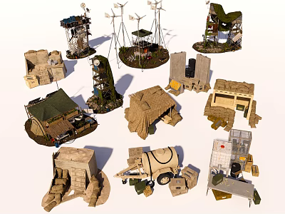 Diverse Garden Ornaments With Tents Towers Windmills Stone Structures And Vehicles 3d model