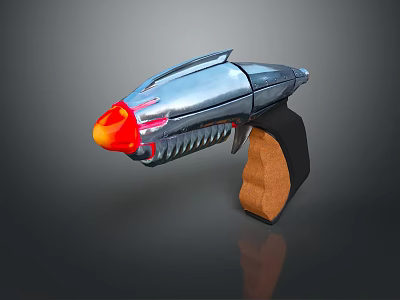Futuristic Silver Metallic Pistol With Orange Flame Muzzle And Black Brown Grip 3d model