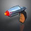 Futuristic Silver Metallic Pistol With Orange Flame Muzzle And Black Brown Grip