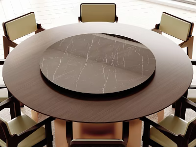 Round Dining Table Set With Wooden Top Marble Lazy Susan And Six Light Cushioned Chairs 3d model