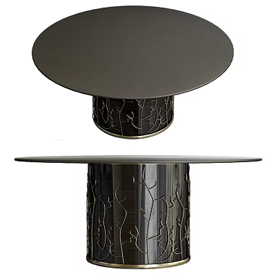 Modern Round Black Dining Table With Smooth Tabletop And Crackle Pattern Metal Base 3d model