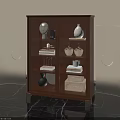 Walnut Display Cabinet With Glass Doors Holding Vase Bowls And Books On Marble Floor