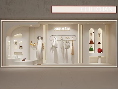 HERMES Store Window Showcasing Stylish Clothes Hanging Bags And Modern Lighting With Minimalist Design 3d model