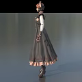 Game Fantasy Character In Gray Dress With Pink Trim Bonnet Lace Gloves And Black Boots