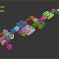 Cartoon Scene of 3D Metallic Cubes Arranged with Shiny Reflective Surfaces on Dark Background