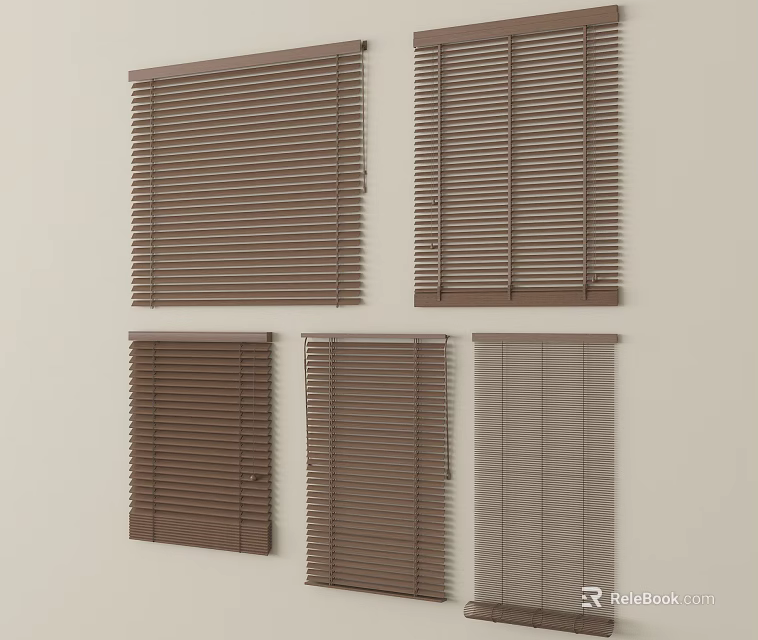Different Styles Of Brown Wooden Window Blinds For Home Interior Decor 3d model 