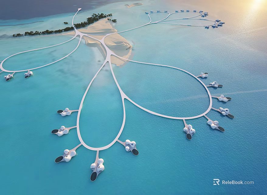 Island Hotel Architecture With Overwater Villas Beach Sunset And Surrounding Blue Waters 3d model 