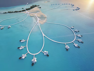 Island Hotel Architecture With Overwater Villas Beach Sunset And Surrounding Blue Waters 3d model