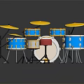 Colorful Drum Set With Yellow Drumheads Blue Shells Red Stool And Multiple Drumming Equipment 3d model