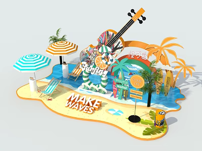 Vibrant Beach Themed Photo Spot With Guitar Palm Trees Beach Chairs Orange Elements And Minions 3d model