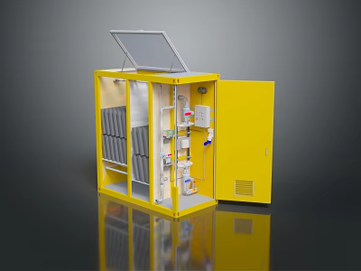 Yellow Industrial Computer Server Cabinet With Transparent Cover And Internal Components 3d model