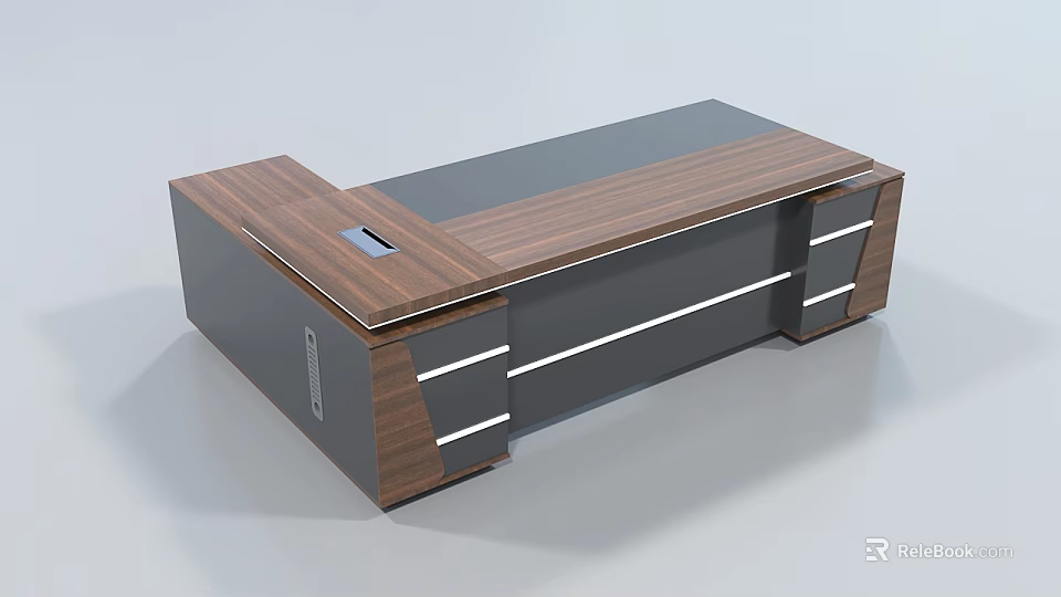 Modern Office Desk With Wooden Top Black Surface Metal Accents And Storage Drawers 3d model 