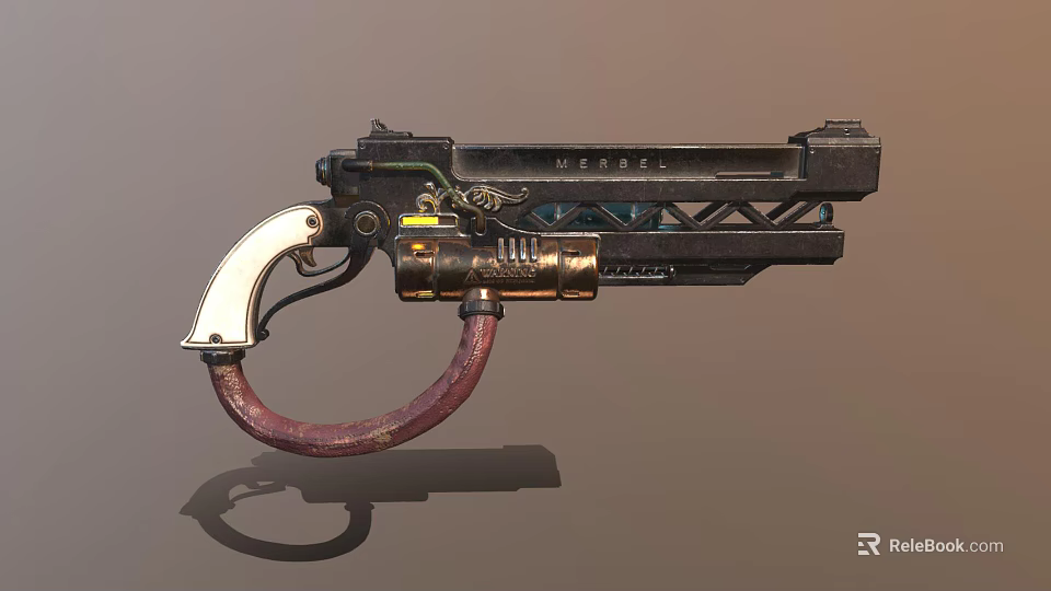 Steampunk Weapon Pistol with Metallic Barrel White Grip and Mechanical Details in Retro Futuristic Design 3d model 