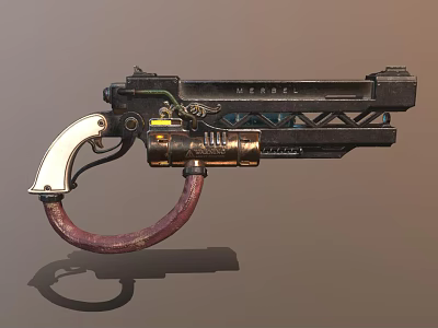 Steampunk Weapon Pistol with Metallic Barrel White Grip and Mechanical Details in Retro Futuristic Design 3d model