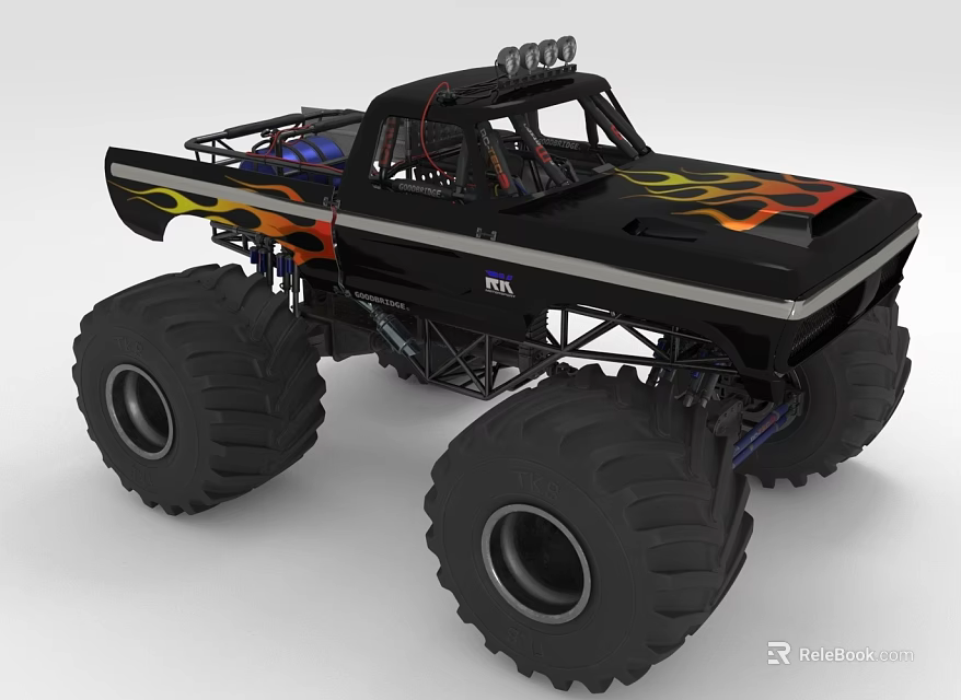 Black Monster Truck With Flame Graphics Large Tires Roof Lights And Frame Structure 3d model 